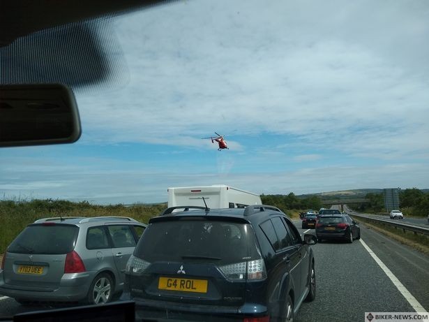 The air ambulance attended the scene earlier and landed on the westbound carriageway, resulting in the closure of both lanes. 