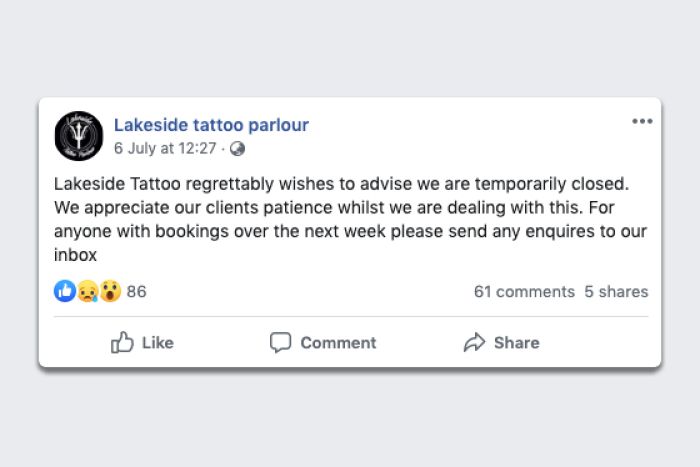 Facebook post on Lakeside Tattoo Parlour's page saying they are 