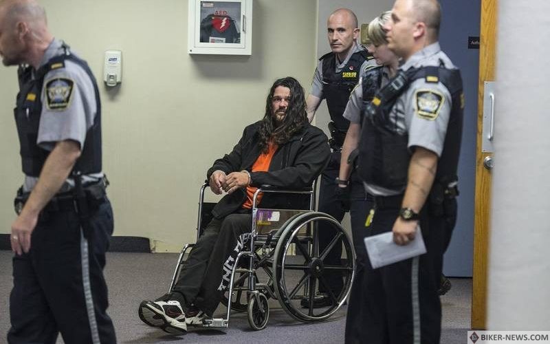 Ontario Hells Angels member Mark David Heickert is wheeled out of Dartmouth provincial court in November 2017 after his arraignment on drug conspiracy charges