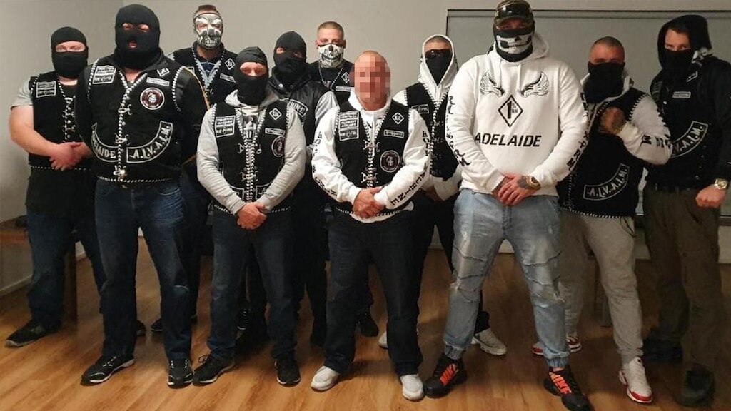 Alexander Illich (centre) pictured with members of the Rock Machine gang in Adelaide.