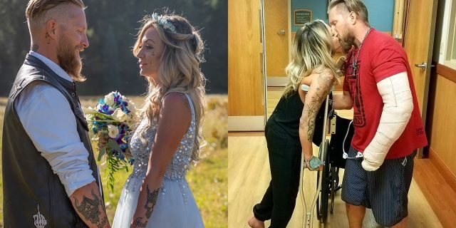 Justin Reid, 36, and Victoria Hemenes, 31, recently collided with a deer in a terrifying accident three weeks before they planned on riding a motorbike up the aisle. The crash left Reid with a dislocated elbow and in need of a painful skin graft, while Hemenes suffered whiplash, a concussion and needed eight stitches in her knee.