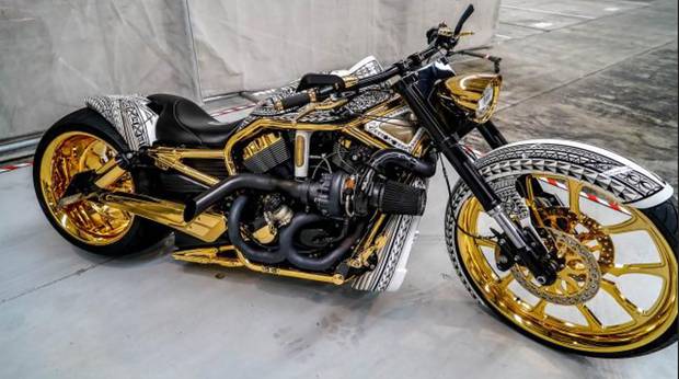 A goldplated Harley Davidson was among the $4m assets seized following raids on the Comancheros gang in April. Photo / Supplied