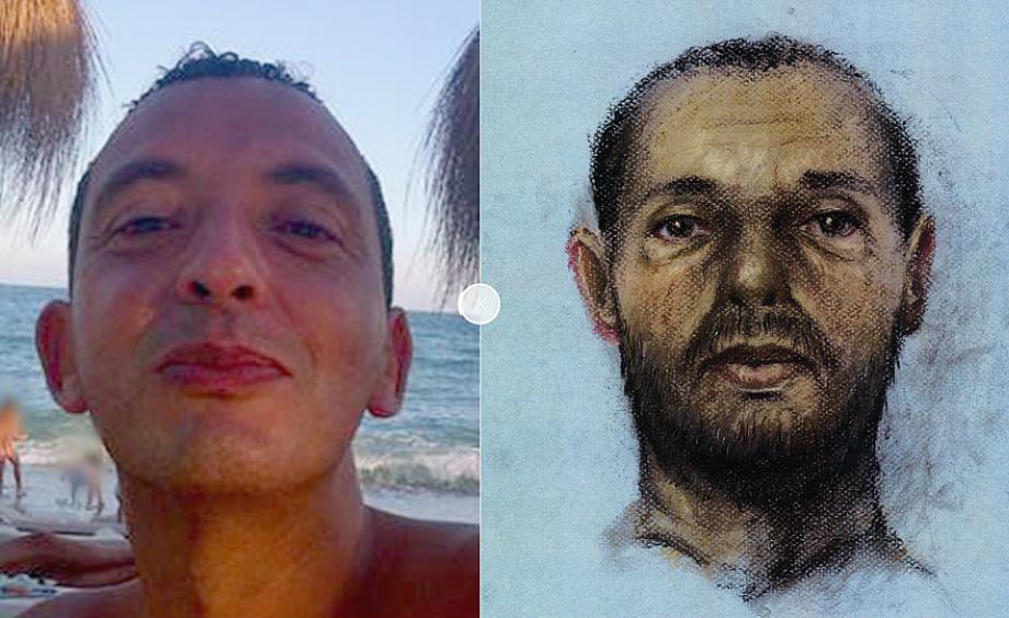 Ridouan Taghi with a sketch aged to show what he may look like today