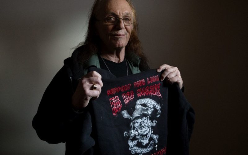 Dr. Paul Sussman poses for a photo in his Edmonton home, Thursday Jan. 2, 2020. In 2016 Sussman was arrested at West Edmonton Mall for wearing a Hells Angels support sweatshirt (pictured). The 74-year-old psychologist has since taken legal action against the mall, claiming the officers who dealt with the trespassing complaint against him refused to investigate his assault complaint against mall security. Photo by David Bloom