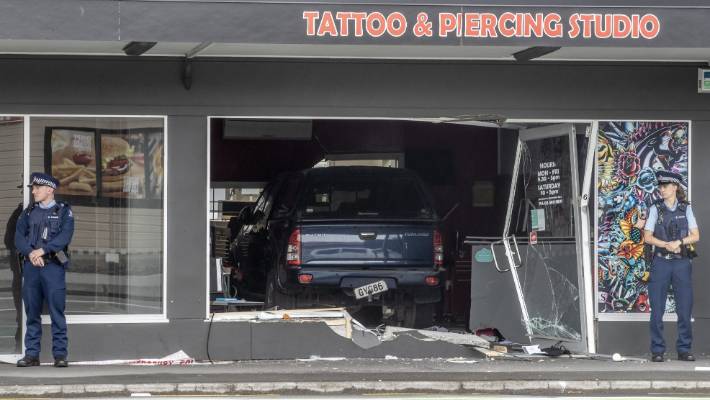 A stolen ute smashed into King of Ink in Linwood about 4.20am on Friday. The business is linked to international bikie gang the Mongols MC.
