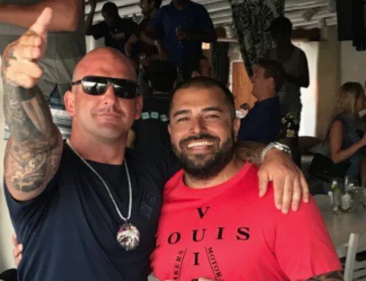 Ali Bazzi (right) with Comanchero boss Mark Buddle in the Mediterranean. Buddle allegedly tasked Bazzi with taking charge of the gang in Australia.