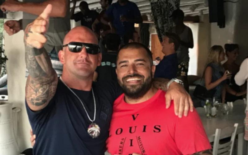 Ali Bazzi (right) with Comanchero boss Mark Buddle in the Mediterranean. Buddle allegedly tasked Bazzi with taking charge of the gang in Australia.