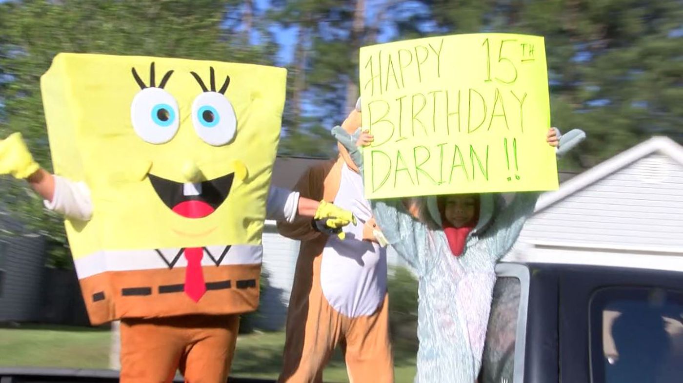 A parade to honor Darian Huddleston's 15th birthday featured Spongebob Squarepants, the teen's favorite character.