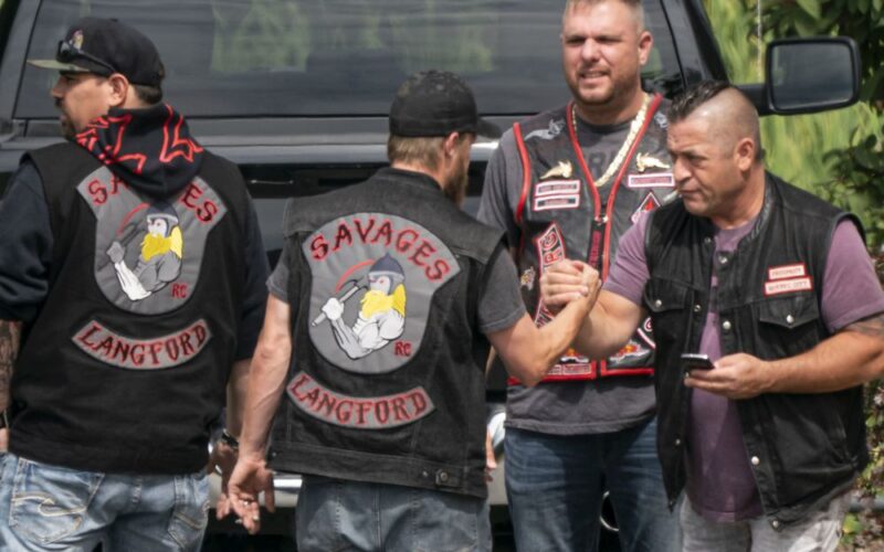 Langford Savages attend the funeral of murdered Hells Angel Suminder (Allie) Grewal in Delta on Aug. 16, 2019. RICHARD LAM / PNG