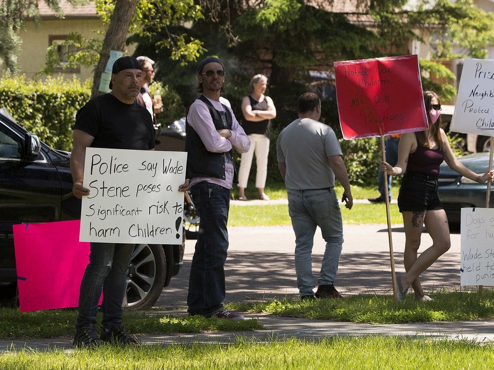 Approximately 100 people came out to protest at the mother's home of accused kidnapper and child sexual predator Wade Stene on Saturday, June 20, 2020  in Edmonton.   Greg Southam/Postmedia