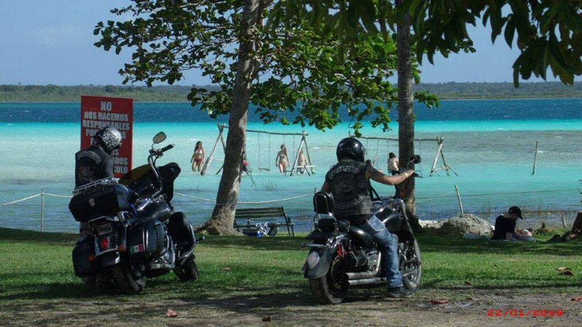 Members of the Foresteros Moto Club from Saltillo in Bacalar, Quintana Roo.